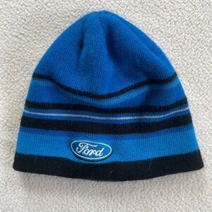 Ford Mens OS Beanie Blue Black Striped Knit Embroidered Logo Hat